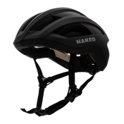 Schwarzer Fahrradhelm mit Belüftungslöchern und verstellbaren Kinnriemen auf weißem Hintergrund.