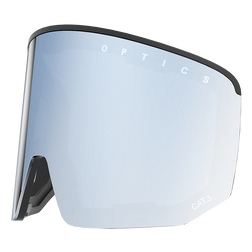 Hellblaue, gewölbte NAKED Optics NOVA Goggle-Scheibe mit OPTICS"-Schriftzug, schwarzem Rand und Anti-Fog-Beschichtung für klare Sicht auf der Piste.
