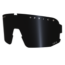 Die schwarze Sportbrille von NAKED Optics verfügt über eine große verspiegelte Scheibe, den Schriftzug OPTICS" auf dem oberen Rand und einen integrierten UV-Schutz für optimalen Augenschutz.