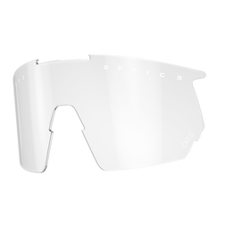 Ein klares, gewölbtes Ersatzglas von NAKED Optics für Sportbrillen mit kleinem Text am oberen Rand und optimalem UV-Schutz.