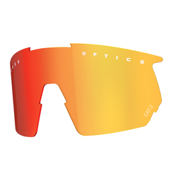 Rot und orange getönte NAKED Optics Sportbrille mit der Aufschrift Optics und CAT 2 auf weißem Hintergrund, mit polarisierten Gläsern für verbesserte Klarheit und zuverlässigen UV-Schutz.