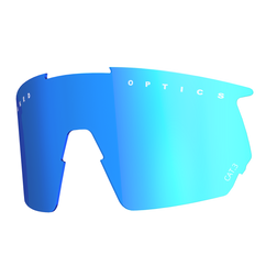 Die NAKED Optics Sportbrille hat ein blau getöntes, rahmenloses Glas mit OPTICS- und CAT3-Schriftzug, das mit polarisierten Gläsern für Klarheit und UV-Schutz ausgestattet ist.
