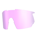 Die schildförmige Sportbrille von NAKED Optics verfügt über ein rosafarbenes, reflektierendes, polarisiertes Glas mit UV-Schutz und weißem Text am oberen Rand.