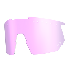 Die schildförmige Sportbrille von NAKED Optics verfügt über ein rosafarbenes, reflektierendes, polarisiertes Glas mit UV-Schutz und weißem Text am oberen Rand.