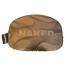 Tan und braun gemusterte Schlafmaske von NAKED Optics mit "NAKED" in fetten Buchstaben auf der Vorderseite und einem von Goggle Sock und Skibrillenschutz inspirierten Design.