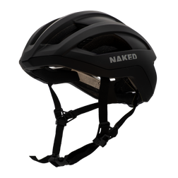 Der schwarze Fahrradhelm von NAKED Optics verfügt über eine aerodynamische Form, verstellbare Riemen und mehrere Belüftungsöffnungen - ideal als Rennrad-Helm für Leistung und Komfort.