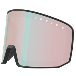 Rahmenlose, futuristische NAKED Optics Sonnenbrille mit rosa getönten Gläsern, "OPTICS"-Schriftzug am oberen Rand und Anti-Fog-Beschichtung für klare Sicht.