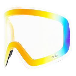 Ein einzelnes CAT.1-Goggle-Glas in Regenbogentönung mit gelben, blauen und orangefarbenen Akzenten - perfekt als Skibrille-Ersatzgläser. Kompatibel mit dem NAKED Optics SnapTech-Magnetwechselsystem für einfaches Austauschen.