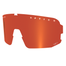 Rot getönte Sportbrille von NAKED Optics mit "OPTICS"-Schriftzug auf dem Glas, futuristischem Design und zuverlässigem UV-Schutz.