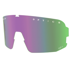 Lila und grün verspiegelte NAKED Optics Sportbrille mit weißem Text, rahmenlosem Design und zuverlässigem UV-Schutz.