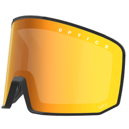 Gelb-orange verspiegelte Skibrille-Scheibe von NAKED Optics mit schwarzem Rand, weißem OPTICS-Schriftzug am oberen Rand und Super Anti-Fog-Beschichtung für klare Sicht.