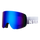 NAKED Optics blau verspiegelte Skibrille mit breiter Scheibe und grauem Band mit teilweise weißer Beschriftung, entwickelt für MTB Brille und kompatibel mit Integralhelmen.