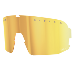 Gold verspiegelte NAKED Optics Sportbrille mit "OPTICS"-Text und "CAT. 2"-Kennzeichnung, bietet UV-Schutz; dargestellt auf weißem Hintergrund.