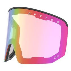 Breite, regenbogenfarbig verspiegelte NOVA-Skibrillenscheibe von NAKED Optics mit schwarzem Rand, OPTICS-Branding auf der Oberseite und Antibeschlagbeschichtung für klare Sicht.