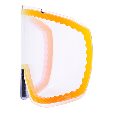 Ein gefalteter, transparenter NAKED Optics Schlechtwetterglas-Gesichtsschutz mit orangefarbenem Rand und gewellter Umrandung, von der Seite gesehen-ideale Ersatzgläser für Ihre Skibrille EDGE.