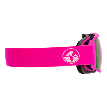 Die rosafarbene Skibrille von NAKED Optics verfügt über verspiegelte Gläser, ein breites, elastisches Band und ein weißes, geometrisches Logo - und bietet 100% UV-Schutz für Ihre Augen.