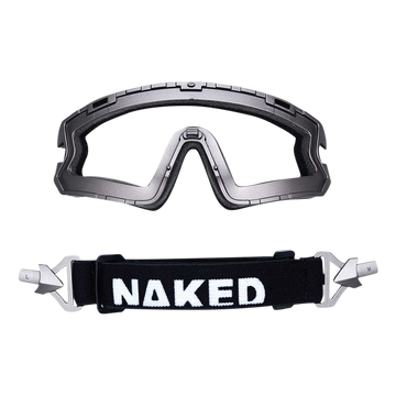 Die schwarzen und durchsichtigen Schutzbrillen von NAKED Optics mit abnehmbarem schwarzem Band und weißer Aufschrift "NAKED" bieten ein stilvolles und sicheres Goggle Upgrade.