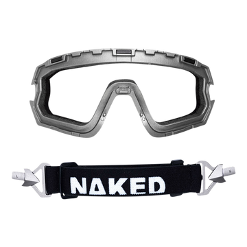 Schwarz-graue Sportbrille von NAKED Optics mit abnehmbarem Band mit weißer Beschriftung "NAKED" - ein echtes Goggle-Upgrade für alle, die eine leichte Skibrille suchen.