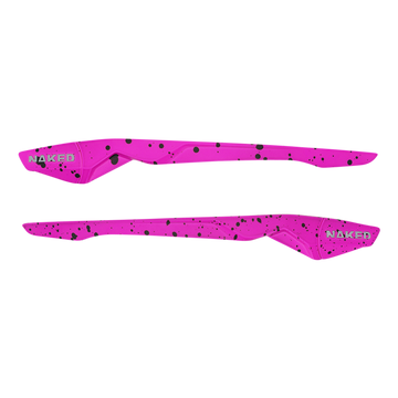 Zwei leuchtend pinke, mit Spritzern gemusterte Rahmenschützer von NAKED Optics sind auf weißem Hintergrund abgebildet - ideal für Fans von auffälligen Accessoires, insbesondere für diejenigen, die die Sportbrille HAWK mögen oder ein Ersatzbügel-Set benötigen.