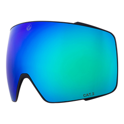 Eine blau-grün verspiegelte Snowboard- und Skibrille von NAKED Optics mit schwarzem Rahmen und CAT.2-Beschriftung, mit Super-Anti-Fog-Beschichtung für klare Sicht auf der Piste.