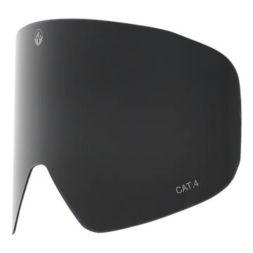 Dunkle, gewölbte Sonnenbrillengläser mit der Aufschrift CAT. 4 mit einem kleinen kreisförmigen Logo oben links, perfekt als Skibrille Ersatzgläser für NAKED Optics Brillen mit Magnetwechselsystem.