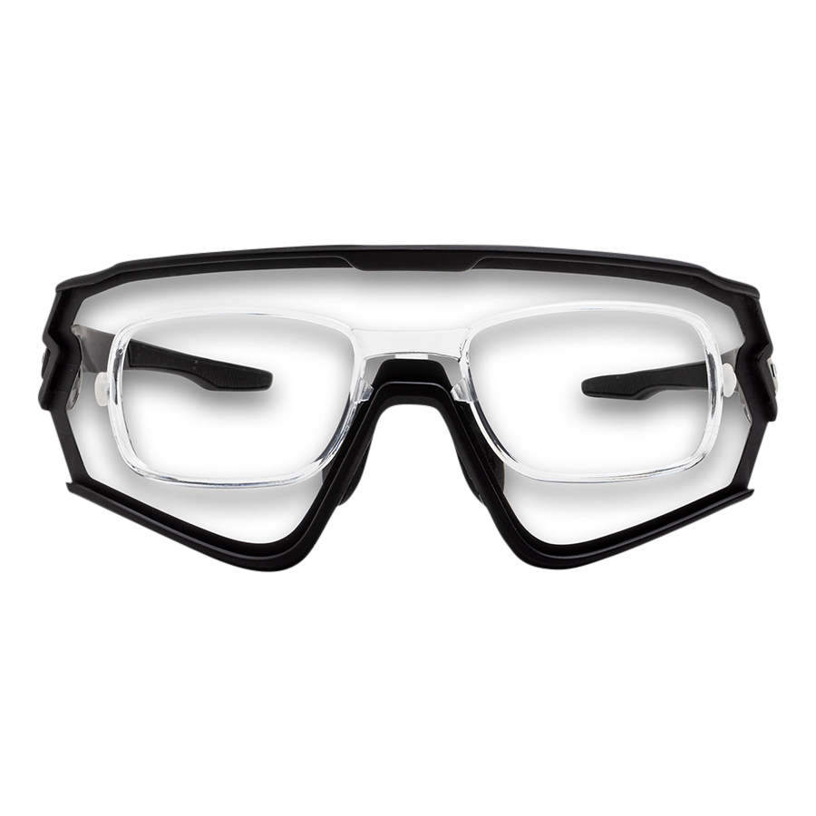 Vorderansicht der NAKED Optics Sportbrille in Schwarz und Klarsicht, mit robustem Rahmen und integriertem optischen Einsatz für Korrekturgläser.