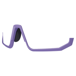 Seitenansicht der NAKED Optics Halbrahmen-Sportbrille mit futuristischem Design, lilafarbenen Rändern und einer einzelnen schwarzen Scheibe über einem Auge.