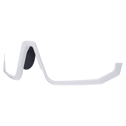 Eine weiße, futuristische NAKED Optics Sportbrille mit einem einzelnen schwarzen Nasenpad, das sich vor einem schlichten Hintergrund präsentiert.