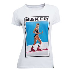 NAKED Optics Ski Girl Shirt: zeigt eine Frau beim Skifahren im Badeanzug mit auffälligem "NAKED"-Print. Hergestellt aus weicher Bio-Baumwolle für Komfort und Stil.