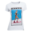 NAKED Optics Ski Girl Shirt: zeigt eine Frau beim Skifahren im Badeanzug mit auffälligem "NAKED"-Print. Hergestellt aus weicher Bio-Baumwolle für Komfort und Stil.
